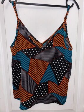 Sleeveless V-Neck Geometric Print Cami - Orange, Teal, Black